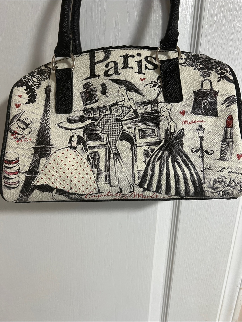 Paris Print Dome Satchel Handbag - Black & White - Picture 9 of 9